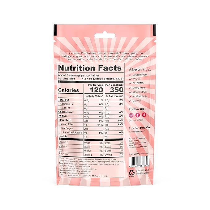 True Dates Candy Dates - Sweet Peach - Dates With Candy Flavor, Vegan, No Added Sugar, Gluten Free - 3.5oz Bags (4 Pack)