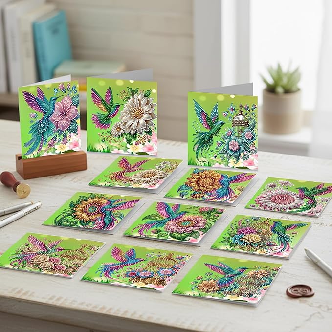 jinglinhh 12pcs Hummingbird Sunflower Diamond Art Painting Greeting Cards with Envelopes, DIY Card Making Kits for Adults, Diamond Art Christmas Cards for Birthday Holiday Postcards Craft Gifts
