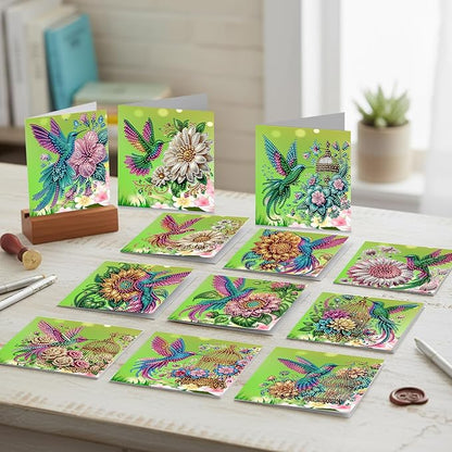 jinglinhh 12pcs Hummingbird Sunflower Diamond Art Painting Greeting Cards with Envelopes, DIY Card Making Kits for Adults, Diamond Art Christmas Cards for Birthday Holiday Postcards Craft Gifts
