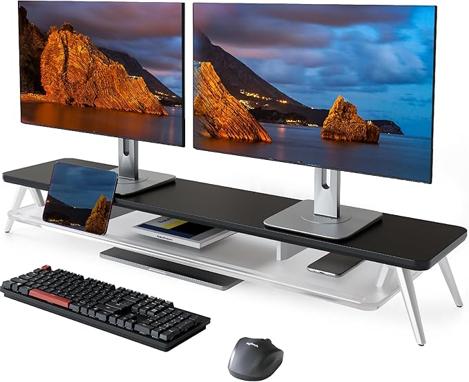 Fenge Dual Monitor Stand for Desk, 2 Tiers Monitor Riser with Acrylic Shelf, 42.5 Inch Wood and Aluminum Desk Shelf with Phone and Tablet Holder