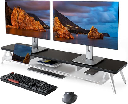 Fenge Dual Monitor Stand for Desk, 2 Tiers Monitor Riser with Acrylic Shelf, 42.5 Inch Wood and Aluminum Desk Shelf with Phone and Tablet Holder