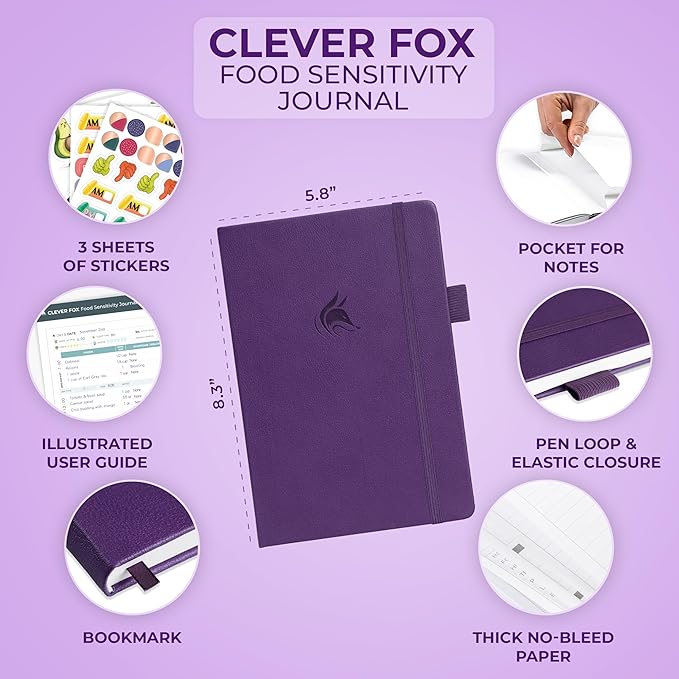 Clever Fox Food Sensitivity Journal – Daily Intolerance & Symptom Log for IBS, Diabetic, Low Fodmap, Elimination Diet – Health Tracker (Purple)