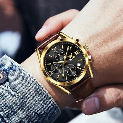 OLEVS Men's Chronograph Leather Watch, Big Face Easy to Read Analog Quartz Dress Watch, Casual Waterproof Luminous Hands Date Watches for Men, White/Blue/Black/Gold Dial
