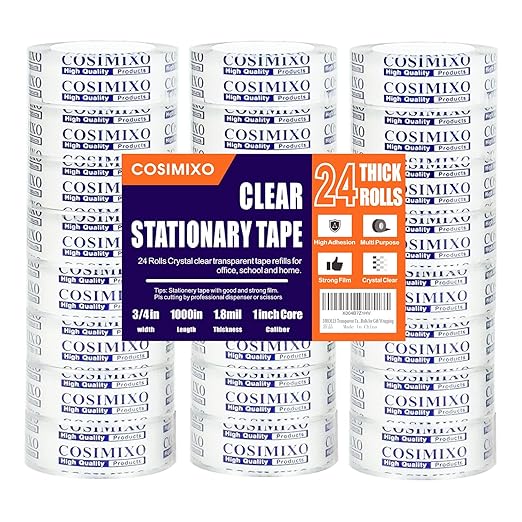 COSIMIXO 24Rolls Crystal Clear Tape Refills for Dispenser, 3/4Inch x 1000 inch,Bulk Transparent Tape,Office Stationery Tape for Home and School