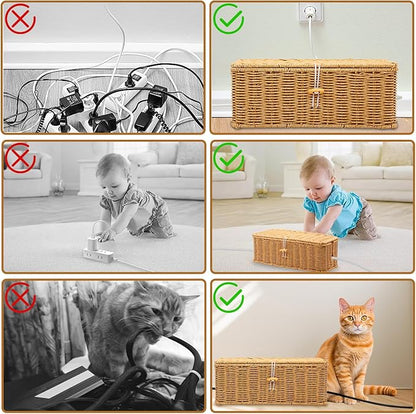 Cable Management Box, Handmade Imitation Rattan Cord Cable Organizer, Open Slots Cords Hider Box, Under Desk Cord Organizer for Computer Router USB Hub & Power Strip