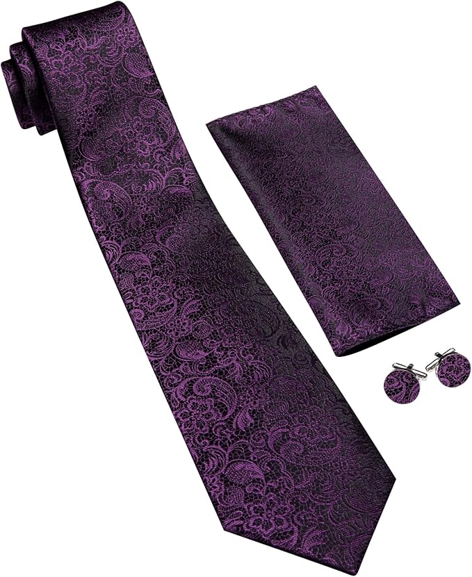 Barry.Wang Tie Sets for Men Silk Solid Necktie Stain Ties Handkerchief Pocket Square Cufflinks Wedding Business Dyed