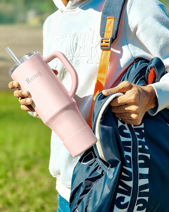 Renoj Tumbler with Handle 100% Spill Resistant Insulated Water Bottle for Iced Coffee & Hot Drinks - Fits Car Cup Holder, Ideal Gift, 2 Straws & Silicone Boot BPA-Free - FlexSlide Light Pink 40 oz