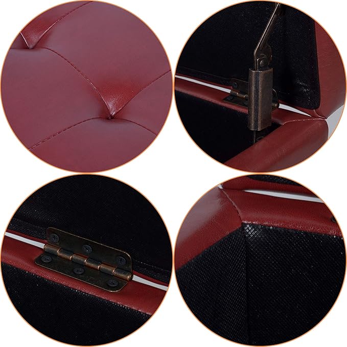H&B Luxuries Tufted Leather Square Flip Top Storage Ottoman Cube Foot Rest (Red with Storage)