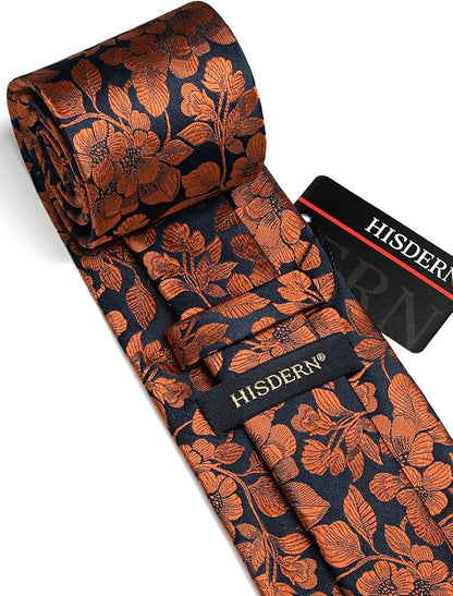 HISDERN Men Floral Ties Woven Classic 3.4" Necktie Set Formal Tie Pocket Square for Wedding with Handkerchief Gift Box