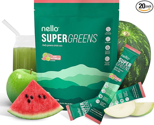 Nello Supergreens Premium Superfood Greens Drink Mix w/Chlorella, Moringa, Spinach & Broccoli + Digestive Enzymes & Probiotic Blend -Nutrient-Packed Powder (Sour Watermelon 20 SRV, Travel Pack)