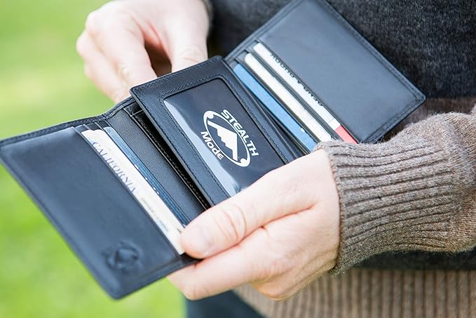 Stealth Mode Leather Trifold RFID Wallet For Men With Flip Out ID Holder (Black)