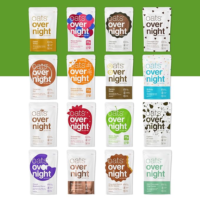 Oats Overnight Ultimate Variety Pack - High Protein, 5g Fiber Breakfast Protein Shake, Gluten Free Oatmeal, Non GMO Oatmeal - Green Apple Cinnamon, Coconut Cream Pie & More (16 Pack + Shaker Bottle)