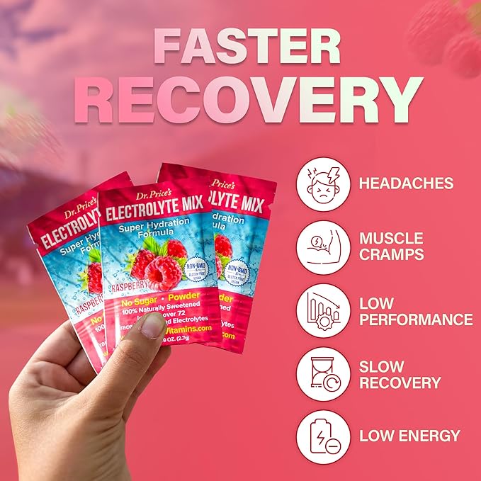 Dr. Price’s Electrolytes Powder Packets | Raspberry 30 Servings | Sugar Free Hydration Packets with 72+ Trace Minerals | Keto, Vegan, Electrolyte Drink Mix | Doctor-Formulated, Made in USA