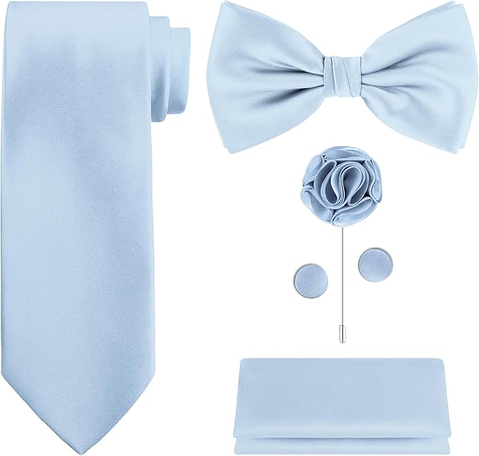 TIE G 5pcs Tie Set in WHITE OR BLACK GIFT BOX: Solid Color Necktie, Satin Bow Tie, Pocket Square, Lapel, Cuff Links