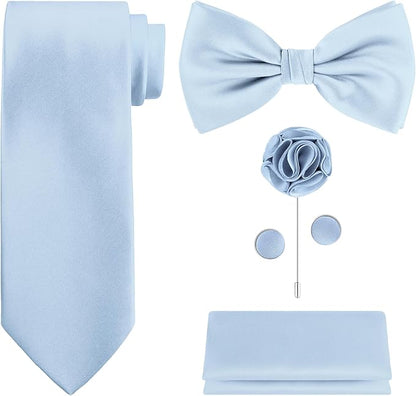 TIE G 5pcs Tie Set in WHITE OR BLACK GIFT BOX: Solid Color Necktie, Satin Bow Tie, Pocket Square, Lapel, Cuff Links
