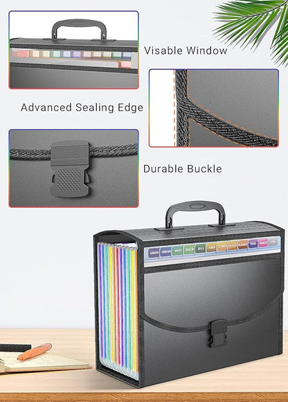 Accordion File Organizer,Expanding File Folder Portable Filing Folders,13 Pockets File Box with Handle for Documents,Special Design for Carrying,A4/Letter Size,Colored Tabs