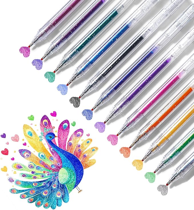 12 Colors Retractable Sparkle Glitter Gel Pens, 1mm Fine Point Refillable Metallic Gel Pens Sets for Kids Adult Coloring, Cards Making, Journaling, Highlighting, Art Projects, Gift for Christmas