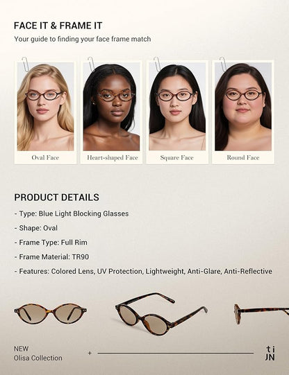 TIJN Olisa Blue Light Blocking Glasses for Women Men,Oval Glasses Frame Bluelight Glasses for Gaming/Computer/Screen