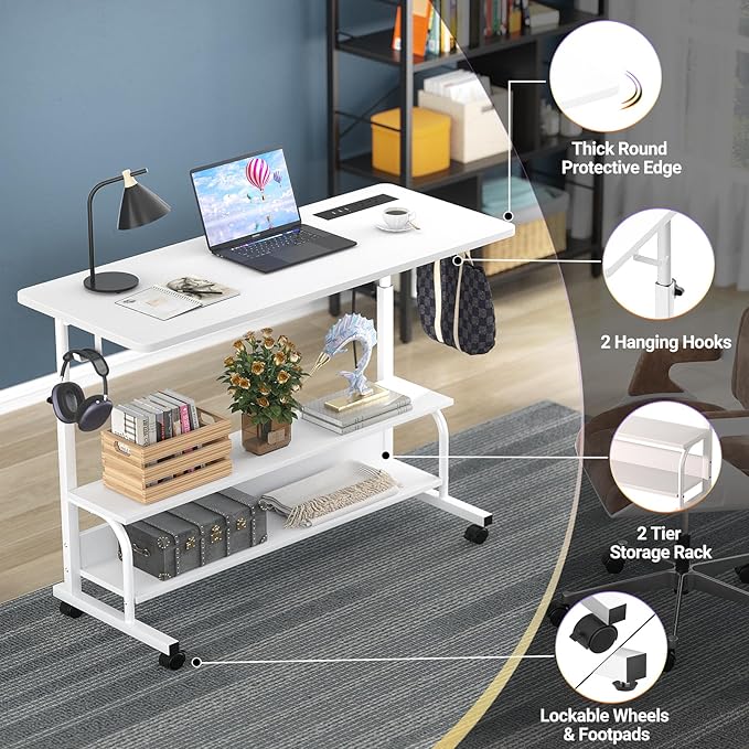 Height Adjustable Standing Desk with Power Outlets, 39" Manual Stand Up Desk with Storage Shelves Small Mobile Rolling Computer Desk Portable Laptop Table with Wheels for Home Office, White