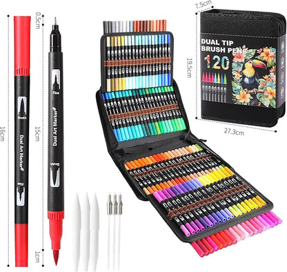 Dual Tip Markers, Double Brush Art Markers Set with Fine Tip and Brush Tip for Adult Coloring Book, Hand Lettering, Calligraphy & Drawing, Art Supplies Kit for Kids and Adults (120 Colors)