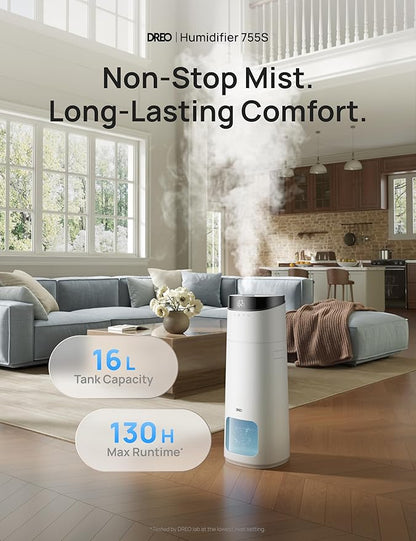 Dreo 16L Smart Humidifier Large Room 1000 ft², 130H Cool Mist Air Humidifiers for Bedroom Plants Baby, Top Fill, Remote/Touch/Voice & APP Control, Self-Cleaning Tank, 30dB, RGB Light, HM755S White