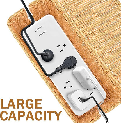 Cable Management Box, Handmade Imitation Rattan Cord Cable Organizer, Open Slots Cords Hider Box, Under Desk Cord Organizer for Computer Router USB Hub & Power Strip