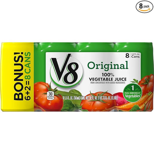 V8 Original 100% Vegetable Juice, 5.5 oz. Can, 8 Count