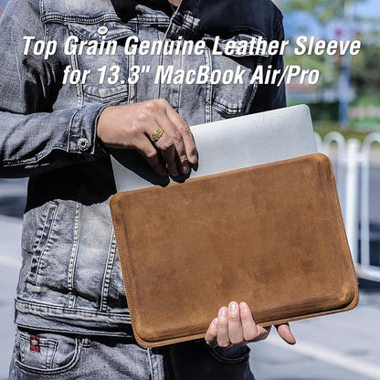 Top Grain Leather 13.3" Slim Laptop Sleeve Protector, Minimalist Vintage Design, Fully Handmade, Compatible with MacBook Pro 13.3" MacBook Air 2022 DELL XPS 13" & Other PC, Brown 13.3 Inch