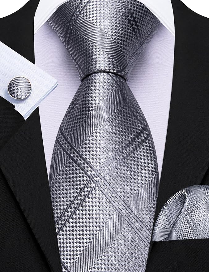 Barry.Wang Tie Sets for Men Silk Solid Necktie Stain Ties Handkerchief Pocket Square Cufflinks Wedding Business Dyed