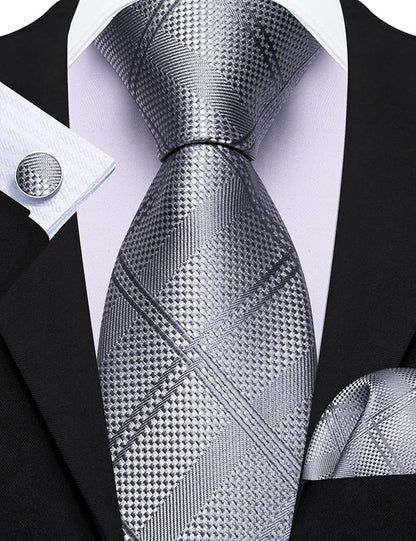 Barry.Wang Tie Sets for Men Silk Solid Necktie Stain Ties Handkerchief Pocket Square Cufflinks Wedding Business Dyed