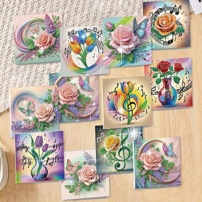 jinglinhh 12pcs Diamond Art Painting Romantic Rose Tulip Flower Bouquet Musical Notes Greeting Cards with Envelopes, DIY Card Making Kits for Adults, Diamond Art Postcards Christmas Cards Craft Gifts