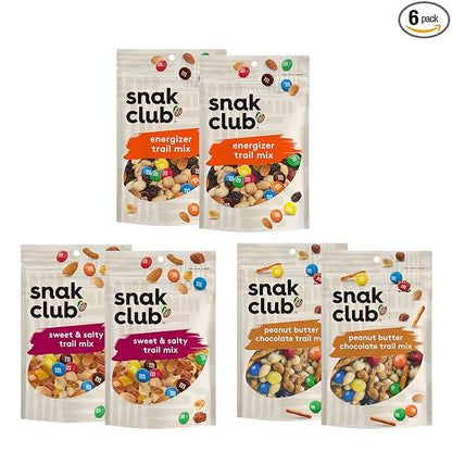 Snak Club Trail Mix Variety Pack, Protein Snacks, Includes Energizer Trail Mix, Sweet and Salty, and Peanut Butter Chocolate, 6 Pack