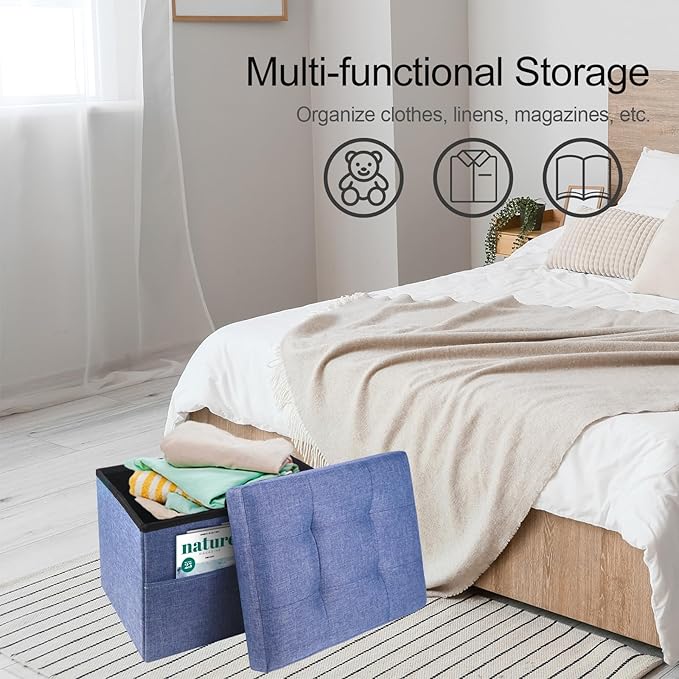Storage Ottoman,Folding Ottomans with Storage,Linen Ottoman Foot Rest with Pocket,Foot Stool with Thicker Foam Padded for Living Room,Bedroom,Office,Dorm,287 lb Load Capacity,17x13x13in,Blue