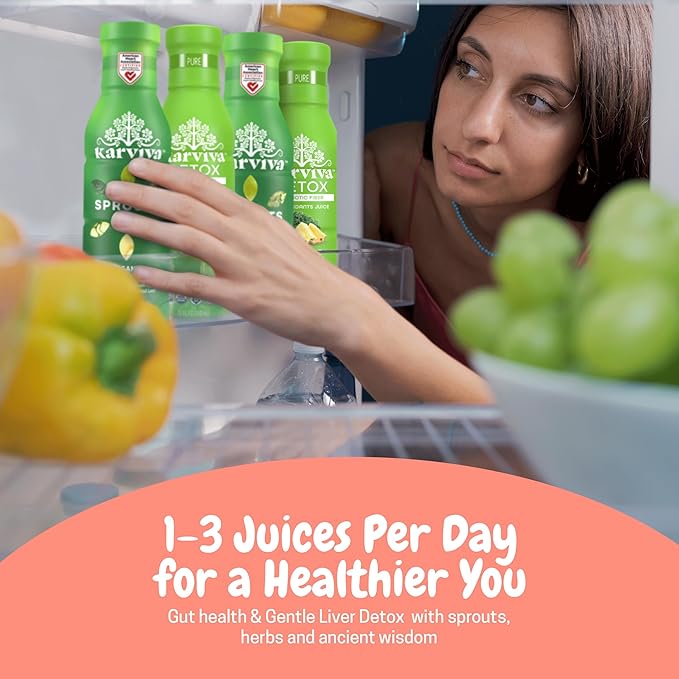 Karviva Organic Juice Cleanse for Liver Detox & Hormone Health - Ancient Remedies with Broccoli Sprouts, Aloe Vera, Kale, Kiwi, Ginger - Low-Sugar, Prebiotic, Fiber, Antioxidants (6 BPA-Free, Toxin-Free Bottles, 12 oz Each)