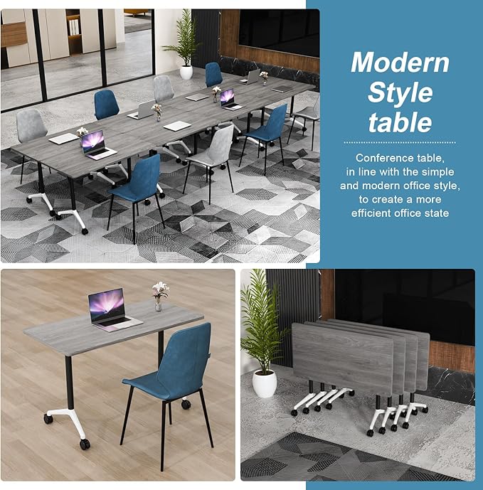 Folding Conference Table, Conference Room Tables Foldable Large Meeting Seminar Table on Wheels,Flip Top Boardroom Training Tables for Office, Classroom,Meeting (4, Grey, 47.2in)