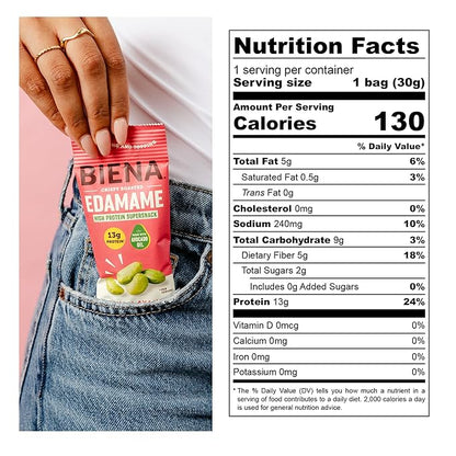 Biena Crispy Roasted Edamame Beans Snack – High Protein Low Carb Snack for Adults & Kids, 13g Protein per Serving - Made w/Avocado Oil – Vegan, Gluten-Free – 10-Pack, 1.05oz Bags, Himalayan Pink Salt