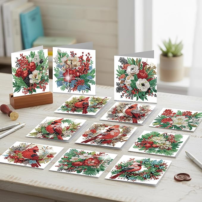 jinglinhh 12pcs Diamond Art Painting Christmas Cardinal Greeting Cards with Envelopes, DIY Card Making Kits for Adults, Diamond Art Christmas Cards for Birthday Holiday Postcards Craft Gifts