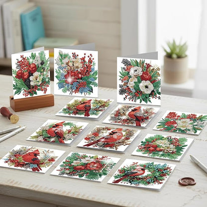 jinglinhh 12pcs Diamond Art Painting Christmas Cardinal Greeting Cards with Envelopes, DIY Card Making Kits for Adults, Diamond Art Christmas Cards for Birthday Holiday Postcards Craft Gifts