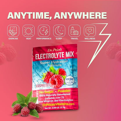 Dr. Price’s Electrolytes Powder Packets | Raspberry 30 Servings | Sugar Free Hydration Packets with 72+ Trace Minerals | Keto, Vegan, Electrolyte Drink Mix | Doctor-Formulated, Made in USA