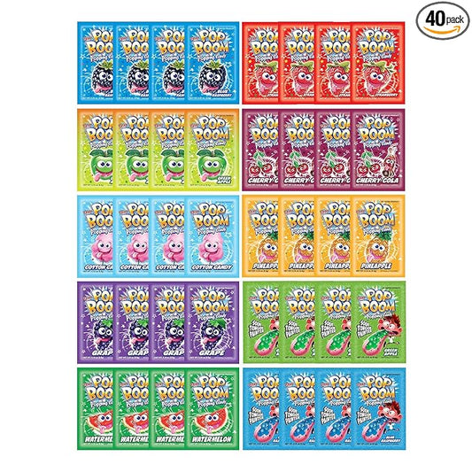 Tiltay Pop Boom Popping Candy – 40 Pack - 10 Flavor Assortment, Strawberry, Cherry Cola, Green Apple, Blue Raspberry, Watermelon, Grape, Pineapple, Cotton Candy – OU Kosher - Dairy Free Popping Candy