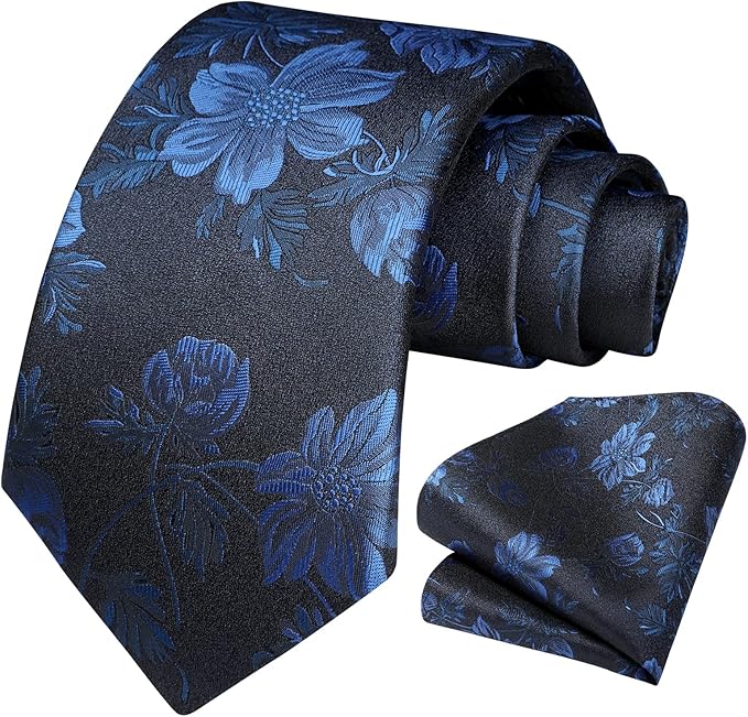 HISDERN Men Floral Ties Woven Classic 3.4" Necktie Set Formal Tie Pocket Square for Wedding with Handkerchief Gift Box