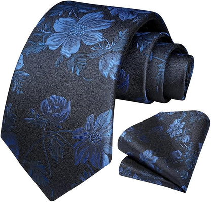 HISDERN Men Floral Ties Woven Classic 3.4" Necktie Set Formal Tie Pocket Square for Wedding with Handkerchief Gift Box