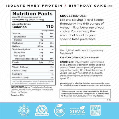 Muscle Feast Grass-Fed Whey Protein Isolate, All Natural Hormone Free Pasture Raised, Whey Isolate Protein Powder for Men and Women, Clean, Gluten-Free, Delicious Isolate Protein - Birthday Cake, 2lb