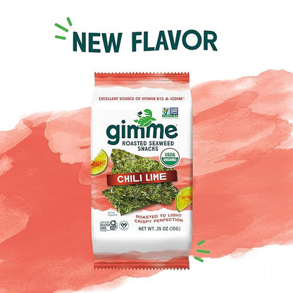 Gimme Seaweed Organic Premium Roasted Seaweed Snacks, Chili Lime, 12 Count Sharing Size, Keto, Vegan, Gluten-Free, Great Source of Omega3s and Iodine, Healthy On-The-Go Snack for Kids and Adults