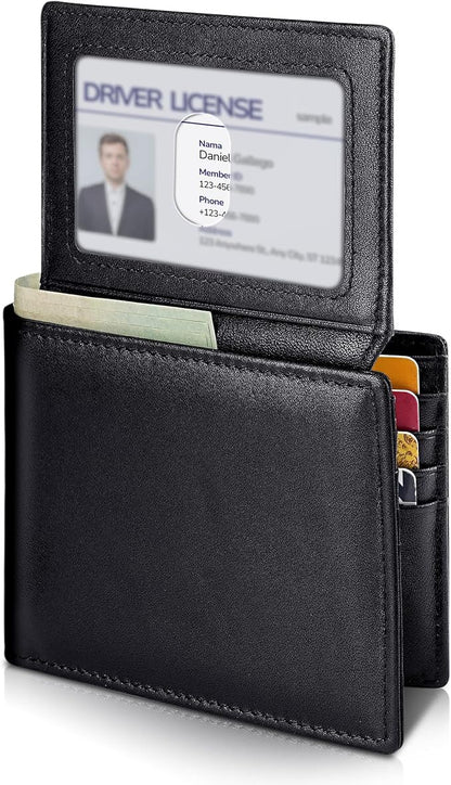 Mens Wallet Bifold Genuine Leather RFID Blocking Wallet for Men with 2 ID Windows 11 Card Holders 2 cash pockets 1 Gift Box