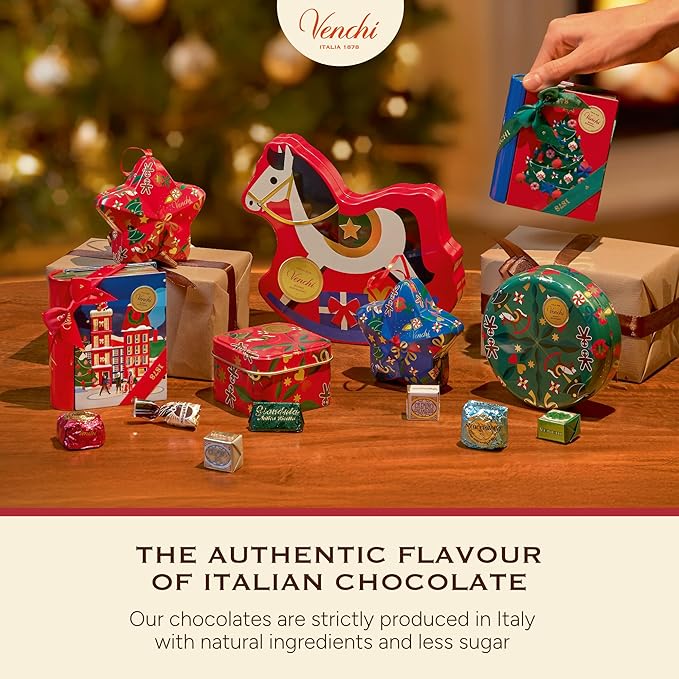 Venchi, Medium Christmas Hatbox Gift Tin with Assorted Perla Chocolates, with Whole Piedmont Hazelnut, Limited Edition, 7.2 oz, Gluten-Free, Christmas Gift Idea