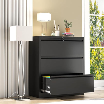 File Cabinet with Lock, 3 Drawer Lateral Filing Cabinet for Home Office, Black Metal Heavy Duty File Cabinets for Hanging Letter/Legal/F4/A4 Size Files, Assembly Required