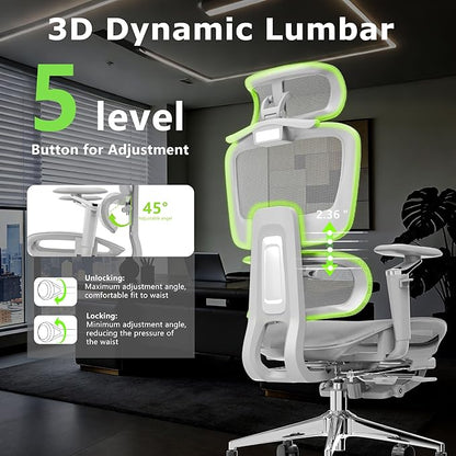 Ergonomic Office Chair with Footrest - 6D Adjustable Arms, 3D Separate Lumbar Support & Headrest, Big and Tall High Back Mesh Chair for Long Hours Working, Gaming (400 lbs Capacity)