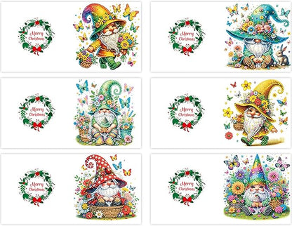 6pcs DIY Gnome Butterfly Diamond Art Painting Greeting Cards Kit, Rhinestone Art Holiday Birthday Card Set with Envelopes, DIY Festival Craft for Girlfriend, Christmas Valentine Gift Making Supplies