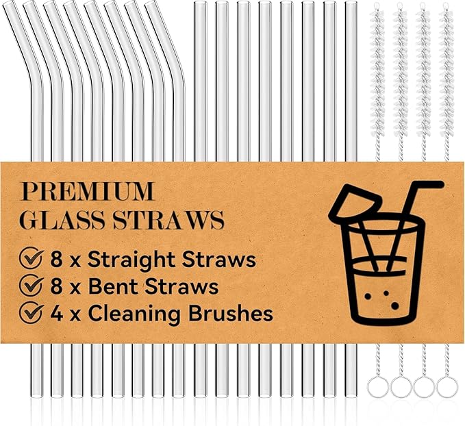 Foogwee® 20 Packs Reusable Glass Straws Set, 10'' x 10mm Clear Drinking Straws for Smoothies, Shakes, Coffee, Juice, Sodas, Milk, Tea, Cocktails, Set of 8 Straight and 8 Bent with 4 Cleaning Brushes